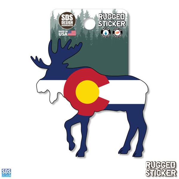 Rugged sticker of a moose silhouette filled with the Colorado state flag design in red, yellow, white, and blue.